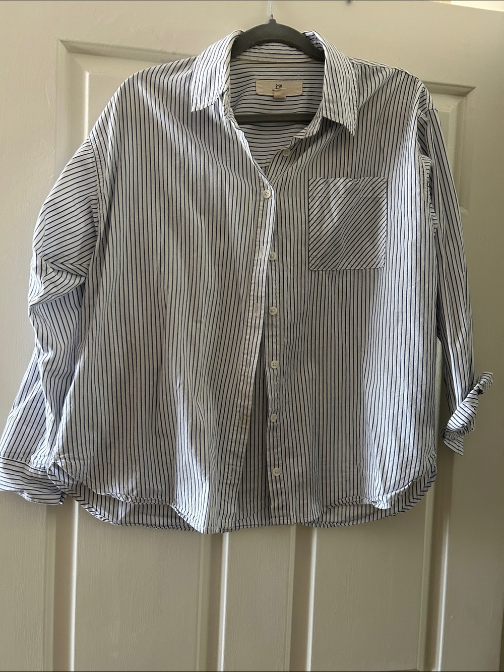 Thread & Supply Women's White Button-Down Shirt with Navy Pinstripes